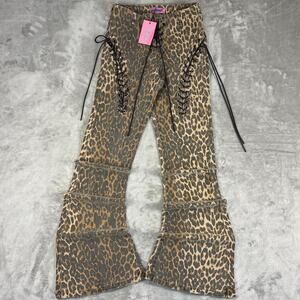 Edikted Leopard Print Lace Up Flare Jeans Women’s XS Bell Bottom Y2K Pants